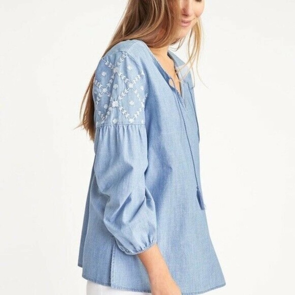 Old Navy Womens Size S Chambray Embroidered Tunic Top Balloon Sleeve Tassel Blue - Picture 4 of 8